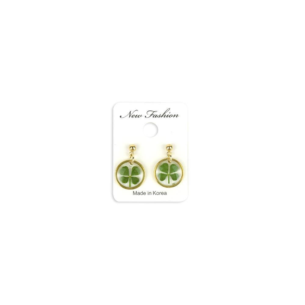 Resin Craft Earring with Four Leaf Clover Dangle Real Lucky Clover Ear Rings - Round Type