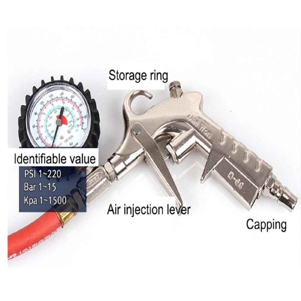 Gun Type Tire Air Pressure Guage 220 Psi Dial Meter Inflating Flexible Hose