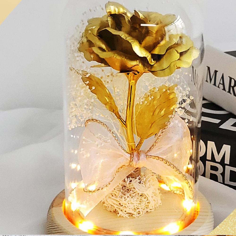 LED Gold Rose Glass Dome Mood Lamp Colorful Rose