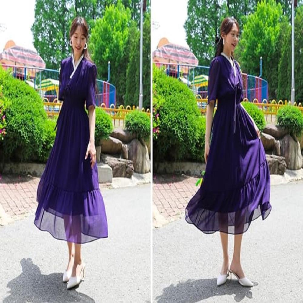 LEESLE Ylang Summer Chiffon Short Sleeves Women Hanbok Long Dress