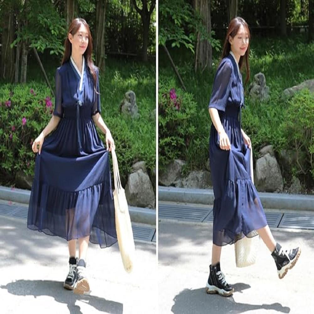 LEESLE Ylang Summer Chiffon Short Sleeves Women Hanbok Long Dress